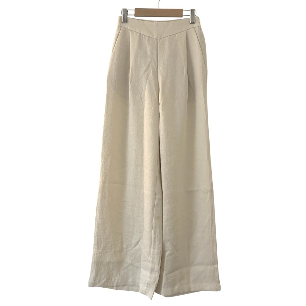 OGL Women's Linen Blend Wide Leg Pants Cream Elastic Waist Trousers XS New